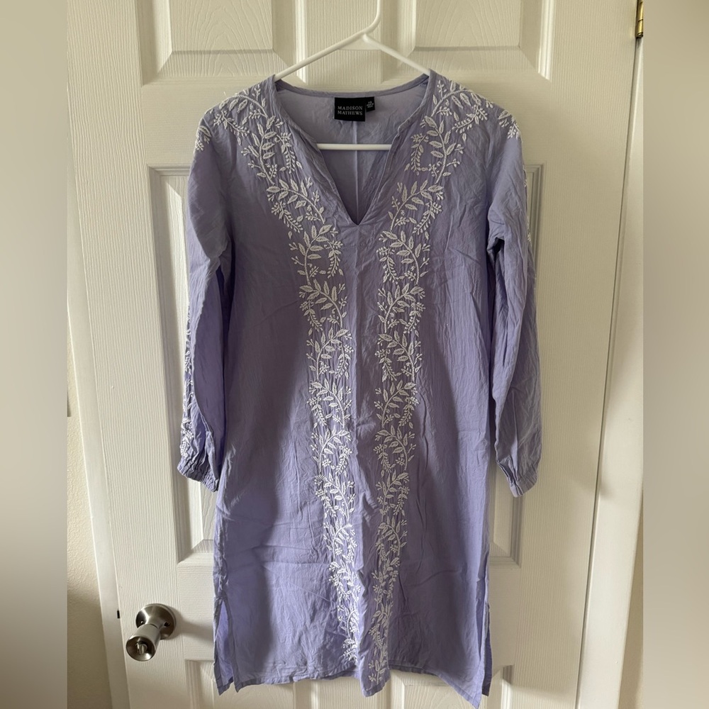 Madison Matthews Floral Embroidered Long Sleeve Shift Dress 100% Cotton Sz XS